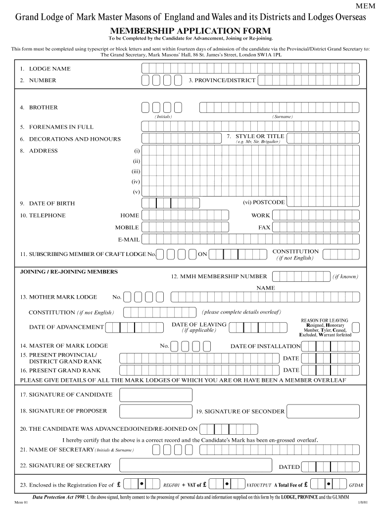  MARK  Membership Form  Grand Lodge of Mark Master Masons 2001-2024