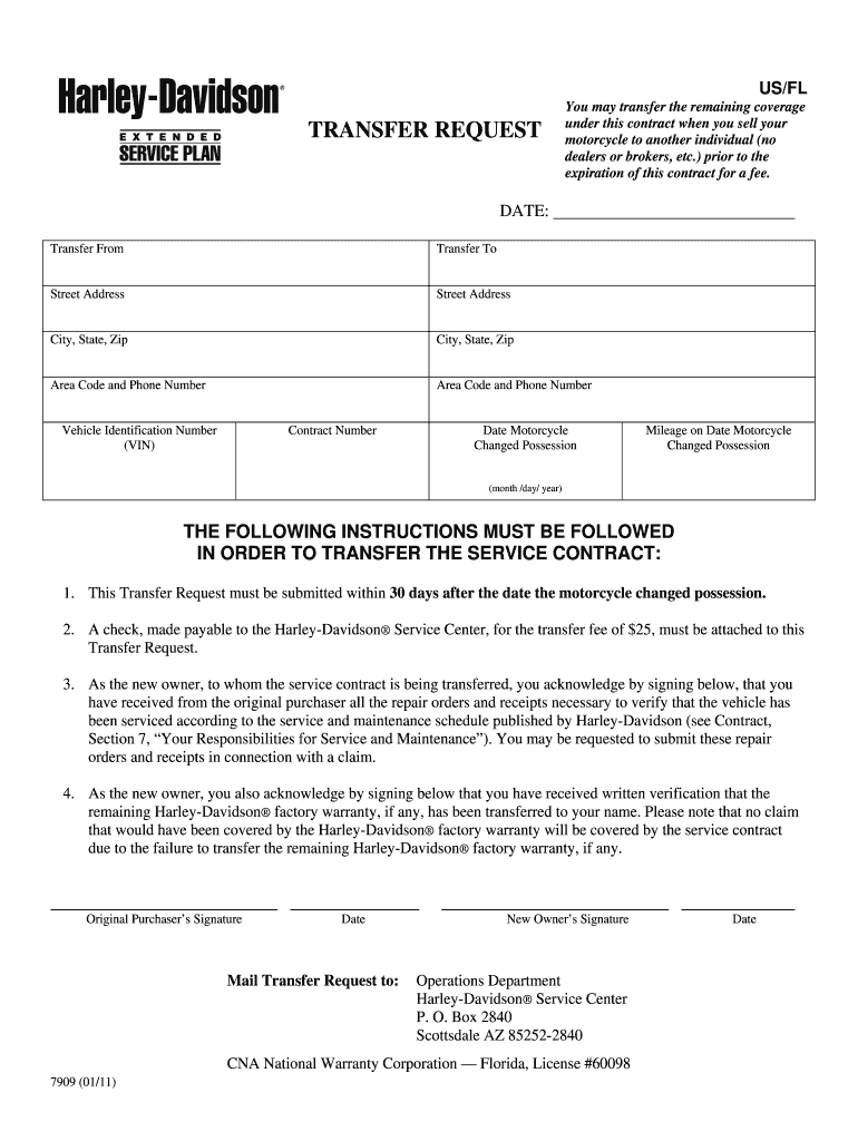  Harley Davidson Esp Transfer Form 2011-2024