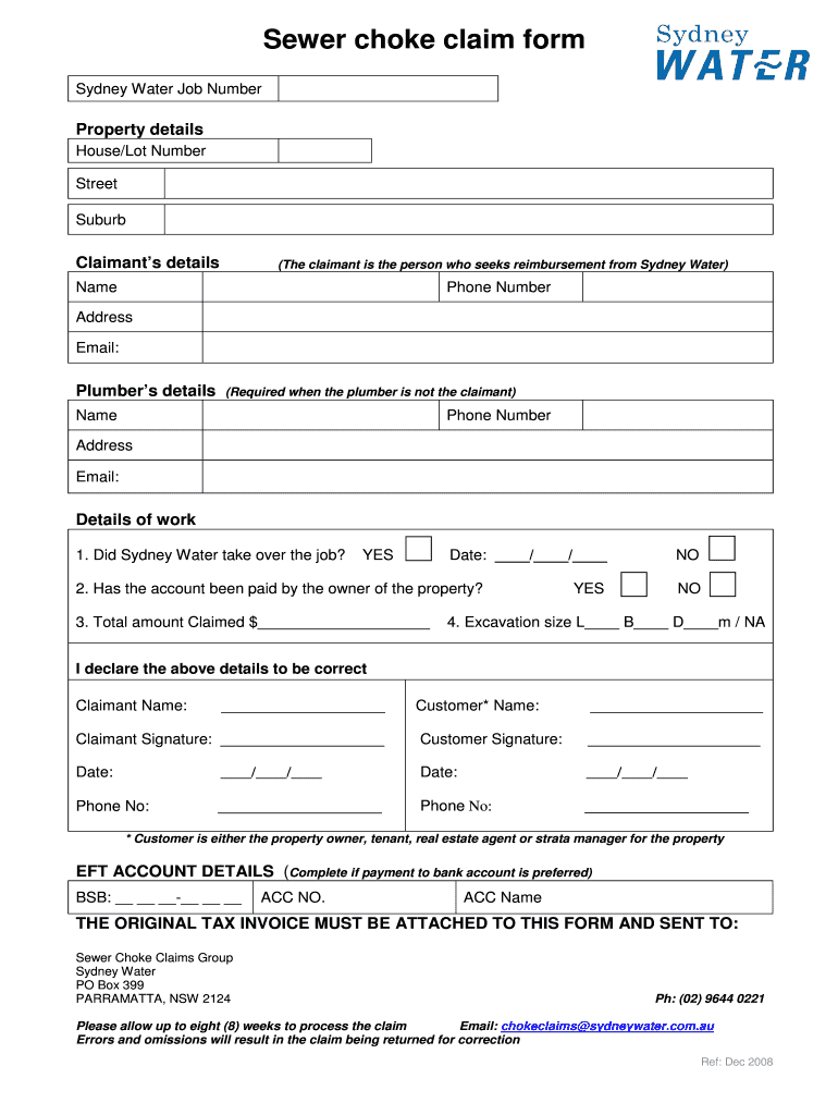  Sydney Water Sewer Choke Claims  Form 2008