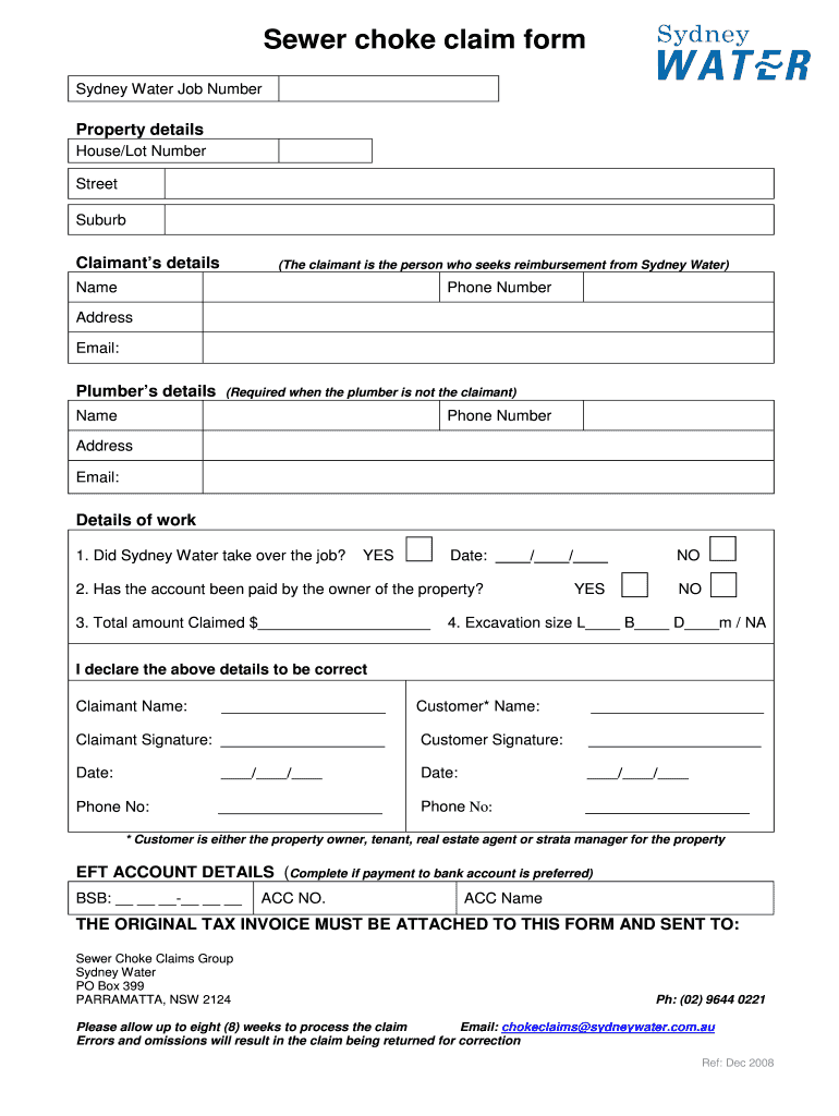 Sydney Water Claim Form Fill Out And Sign Printable PDF Template 