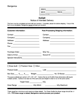 Notice of Intended Delivery Excel Sterigenics  Form