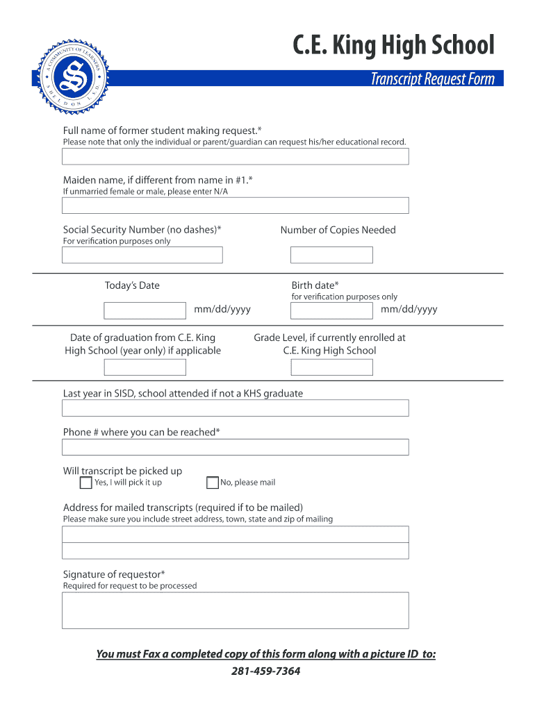 Ce King High School Transcripts  Form