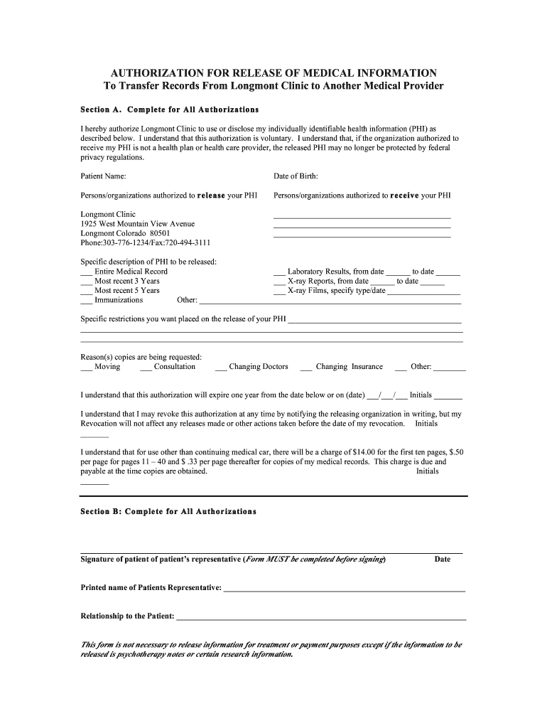 Medical Records Release IIpdf Longmont Clinic  Form