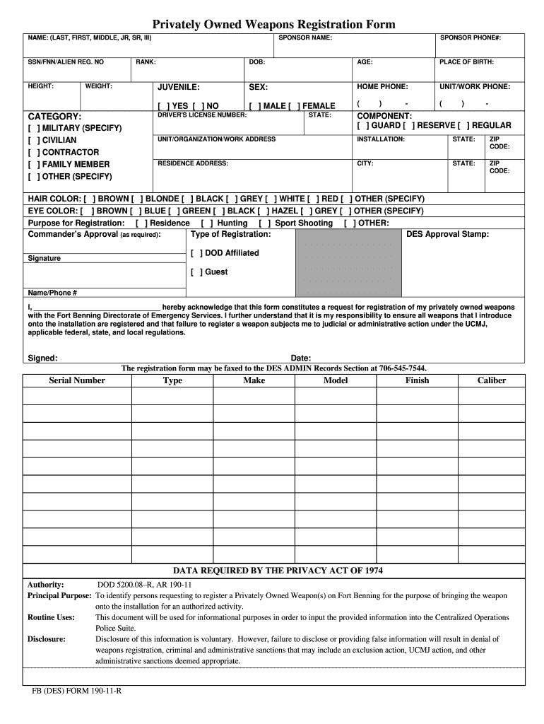 Fort Benning Weapons Registration  Form