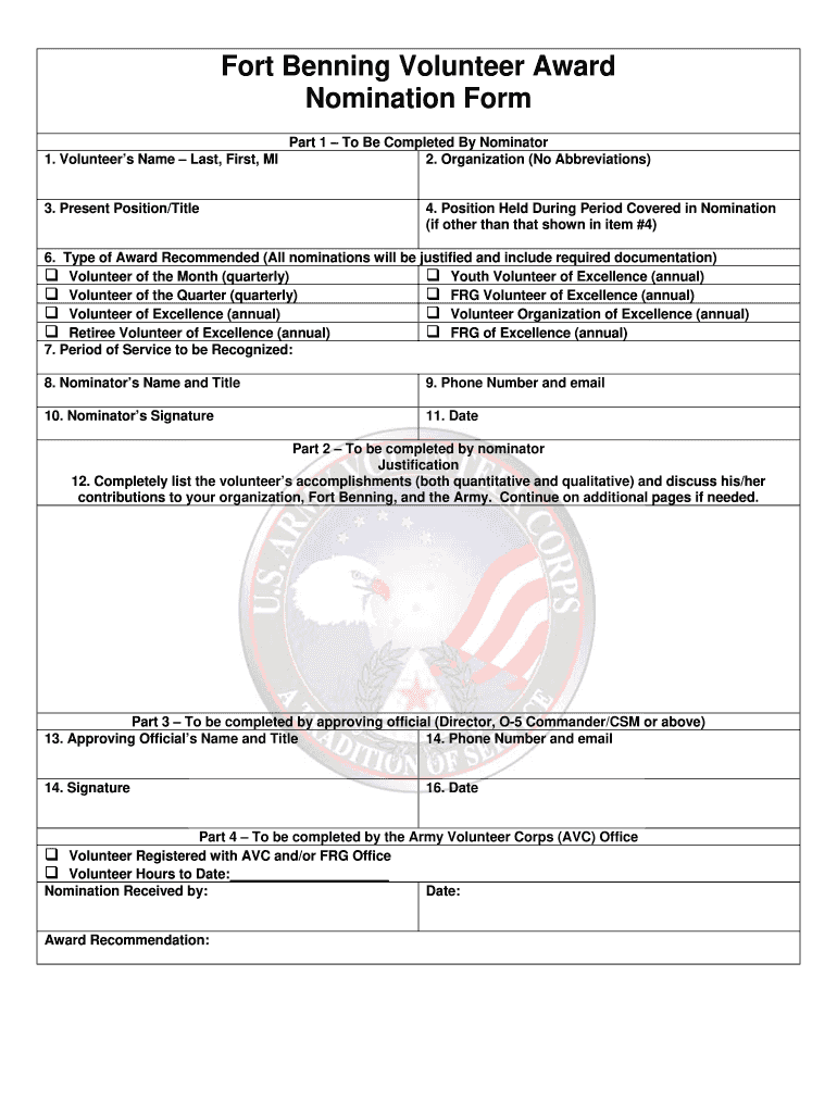 Fort Benning Volunteer of Excellence Award  Form