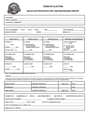 Backflow Test Report Form Town of Clayton