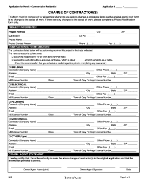 CHANGE of CONTRACTORS Town of Cary Townofcary  Form