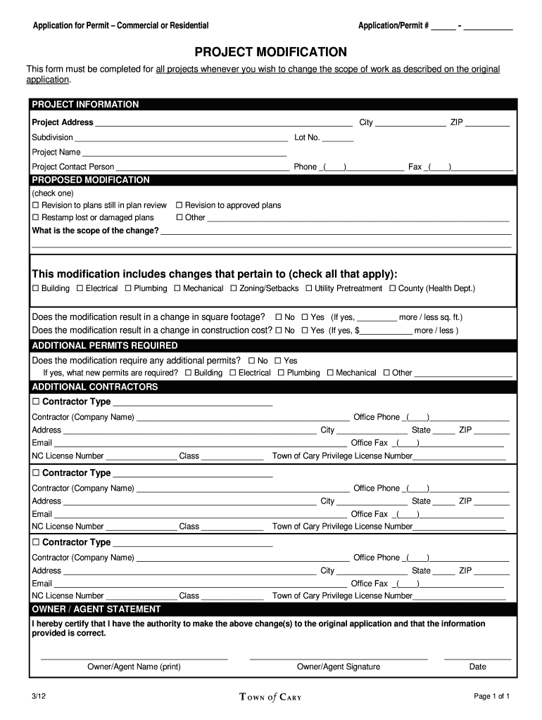  Town of Cary Project Modification Form 2012