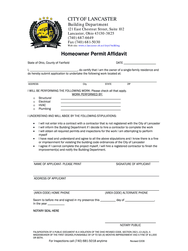  Homeowners Permit City of Lancaster Ohio Form 2006-2024