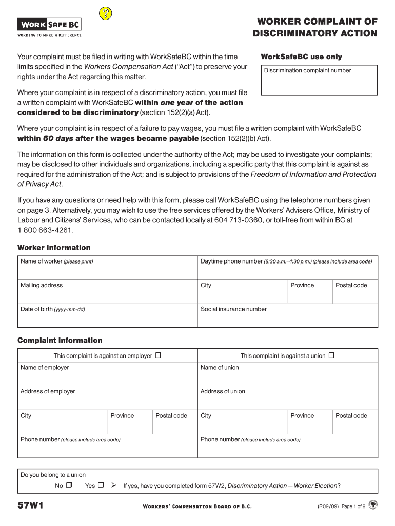  Form 57W1, WorkSafeBC Worker Complaint of Discriminatory Action 2009