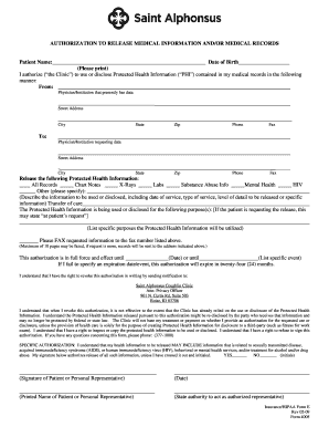 St Alphonsus Medical Records  Form