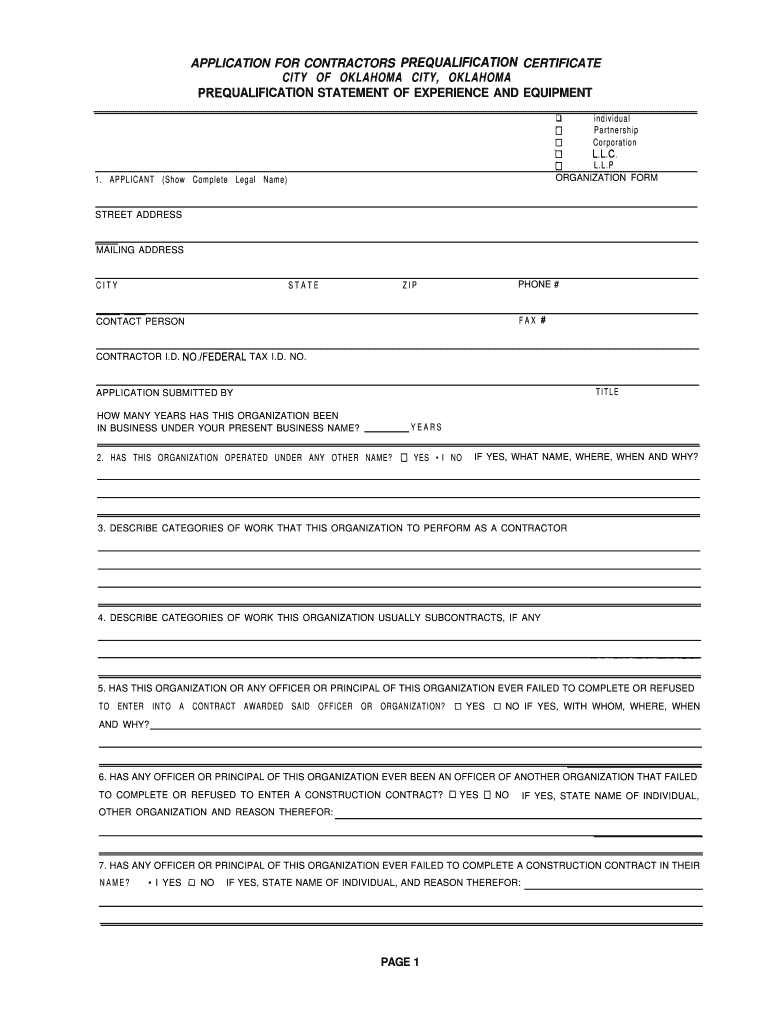 Application for Contractors Prequalification Certificate City of Okc  Form