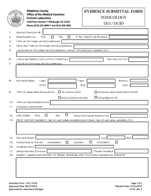 EVIDENCE SUBMITTAL FORM TOXICOLOGY Allegheny County Alleghenycounty