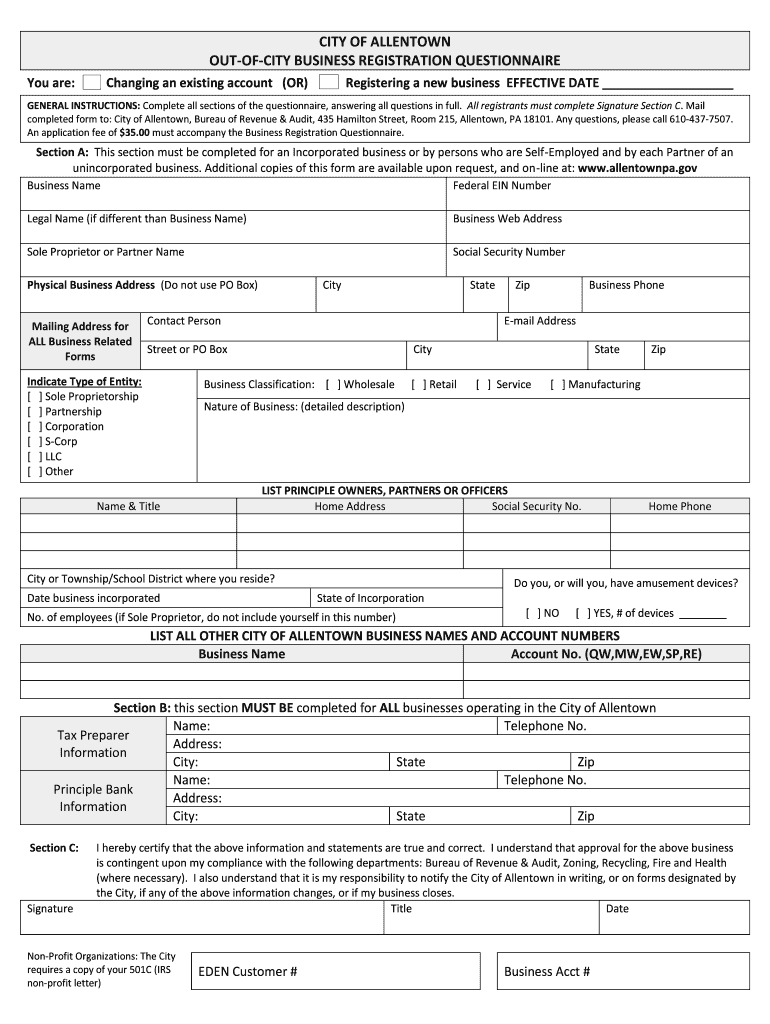 City of Allentown Business License Invoice Form