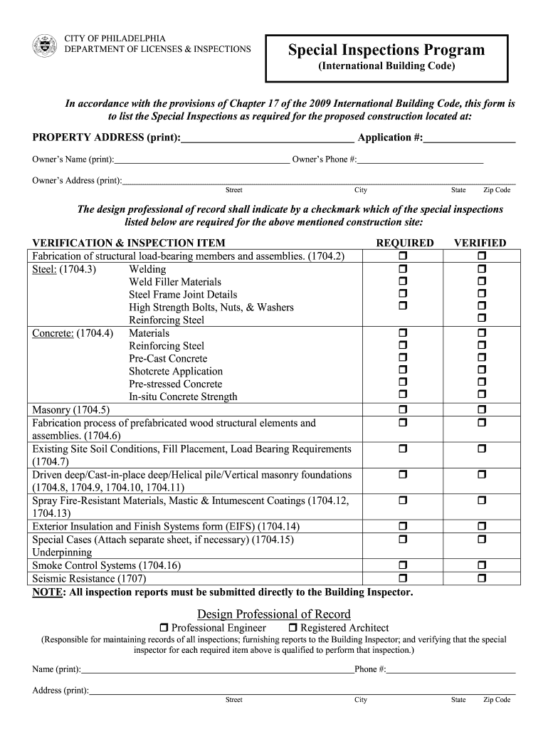 Philadelphia Special Inspections  Form