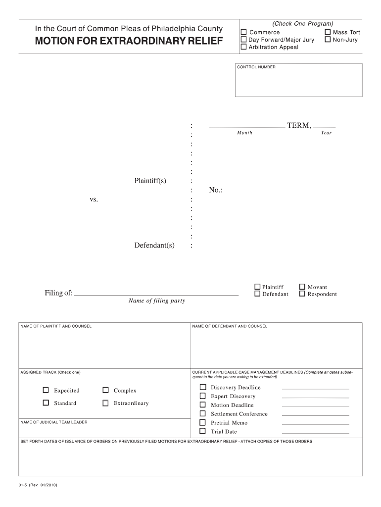 Motion for Extraordinary Relief Philadelphia  Form