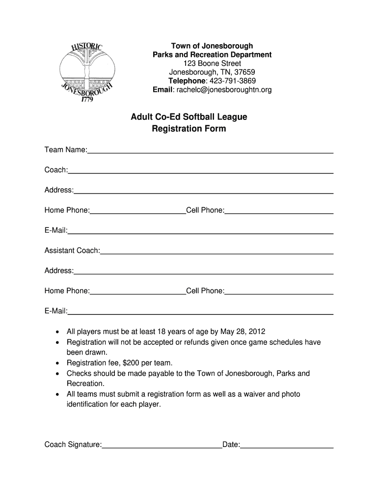 Adult Co Ed Softball League Registration Form Jonesboroughtn