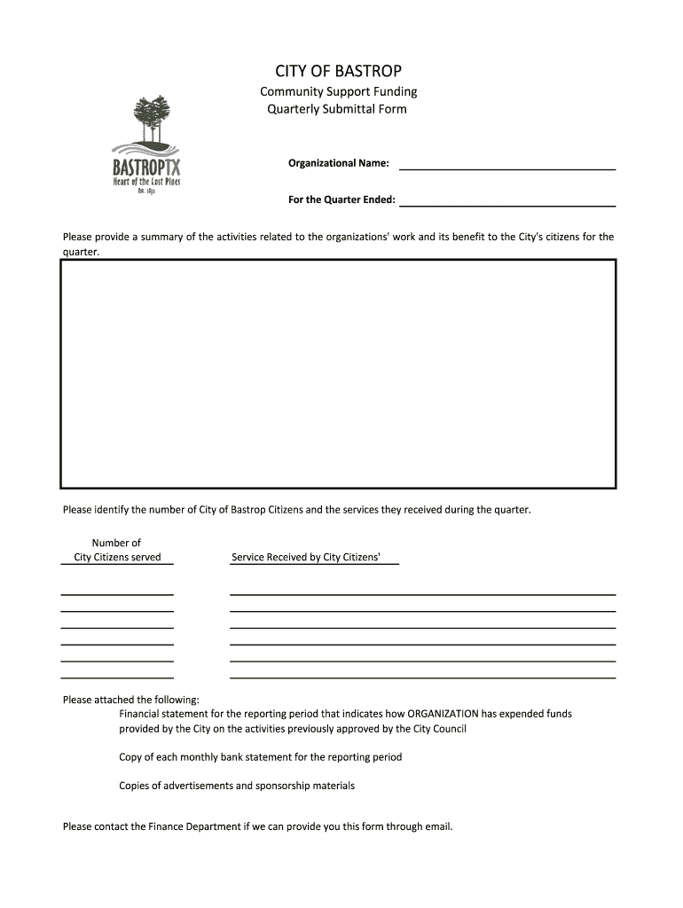 Community Support Quarterly Submittal Form  City of Bastrop  Cityofbastrop