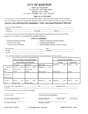 Backflow Test and Maintenance Form City of Bastrop Cityofbastrop