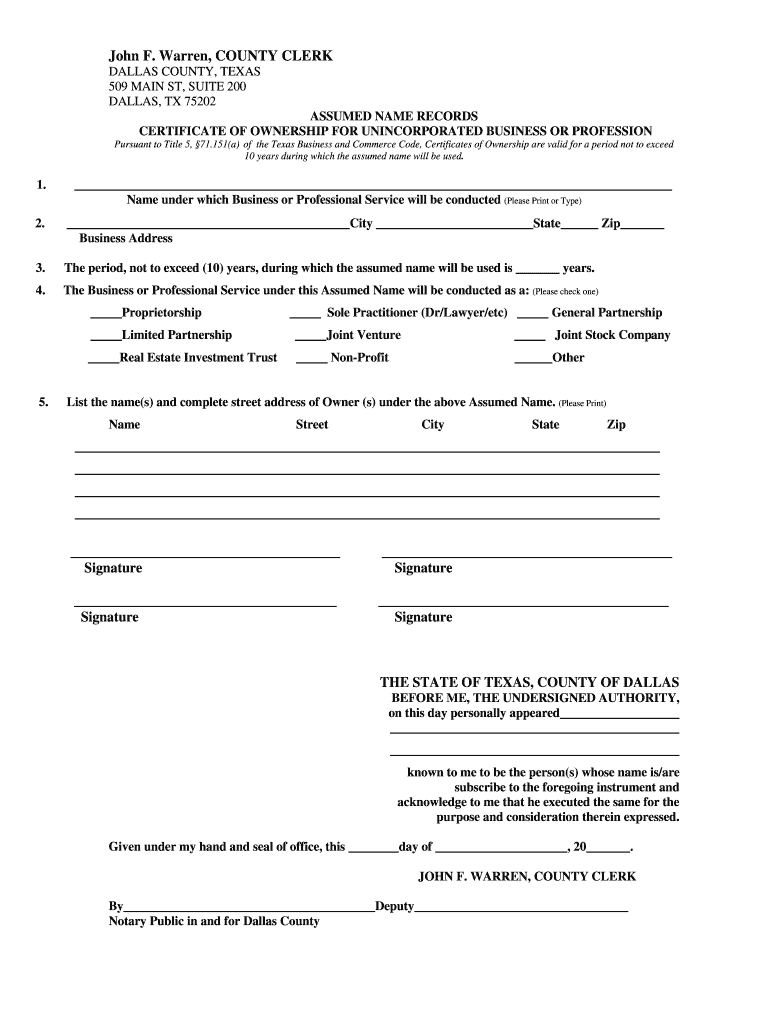 Dallas County Clerk Dba Form