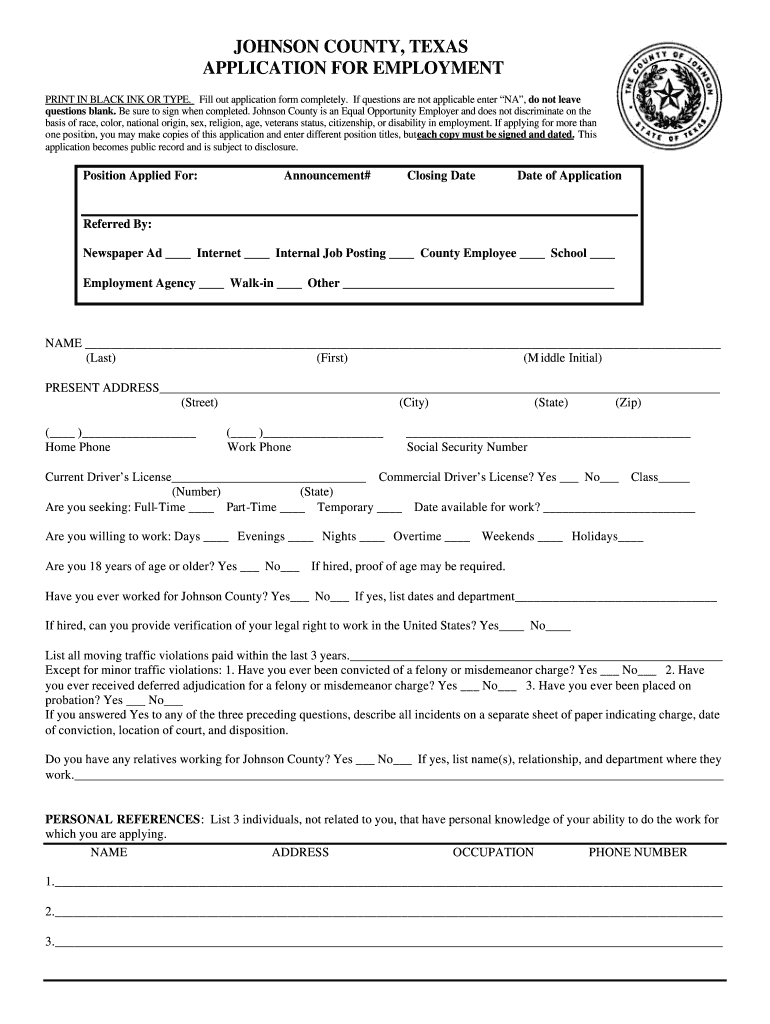 Johnson County Texas Job Application  Form