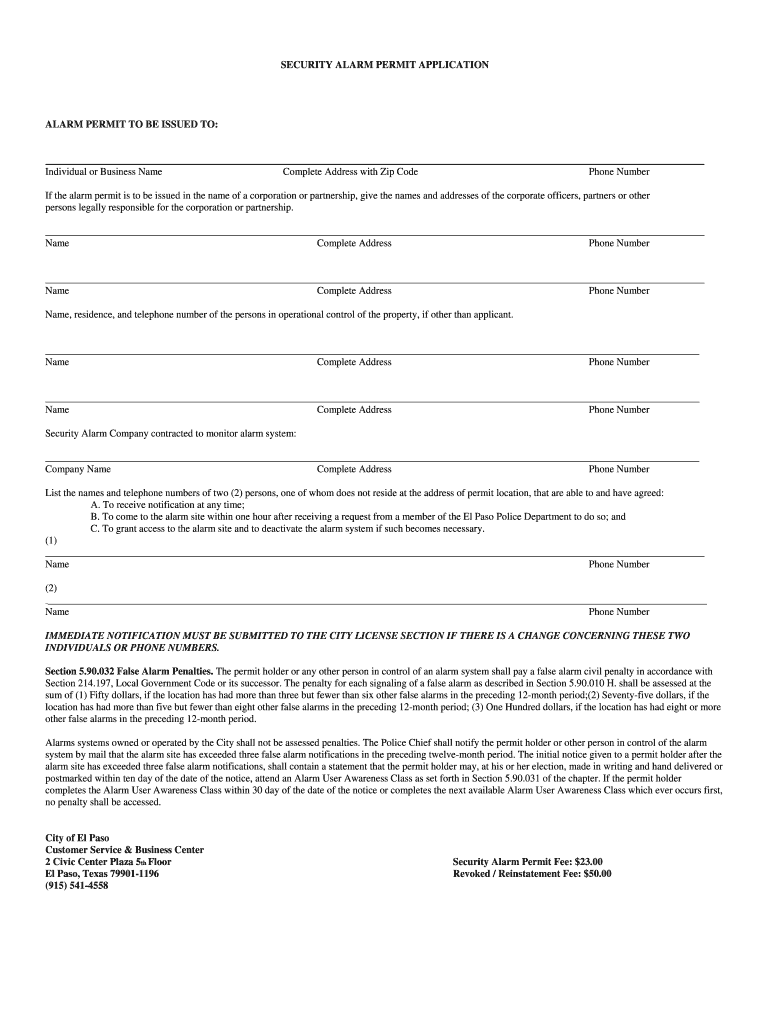 Alarm System Permit Application  Form