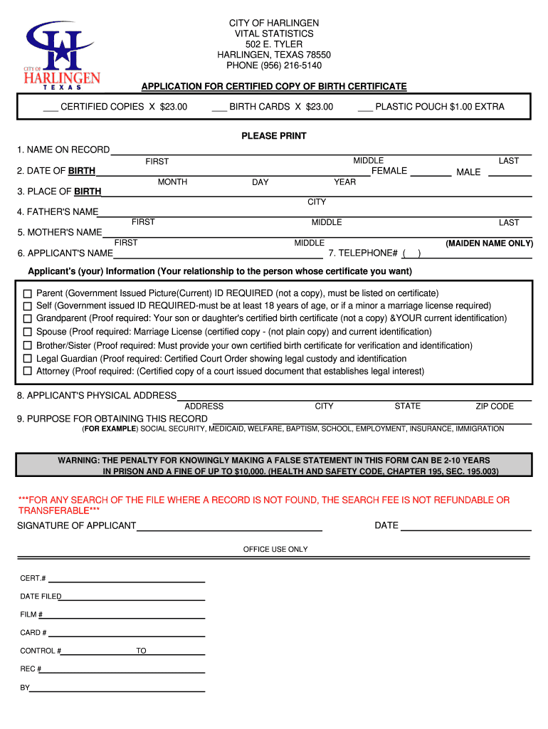 Harlingen Birth Certificate  Form