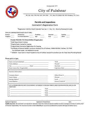 Contractor Registration City of Fulshear  Form
