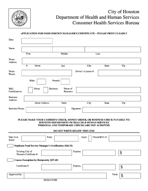 Food Safety Manager Reciprocity Certificate from City of Houston  Form