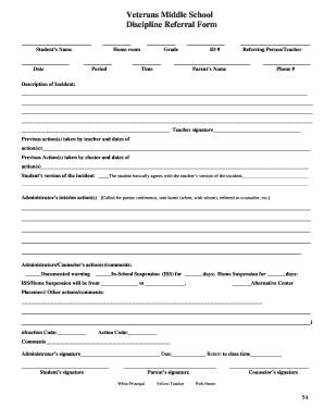 Veterans Middle School Discipline Referral Form Rgccisd