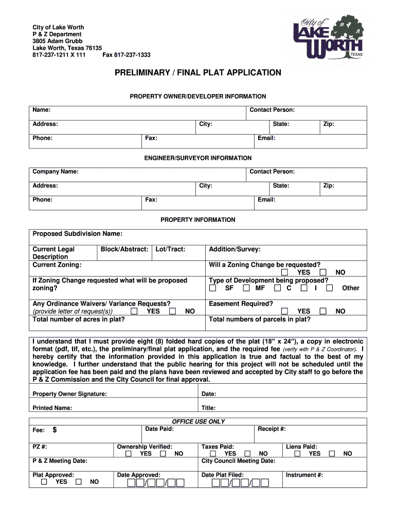 City of Fort Worth Plat Applicaiton  Form