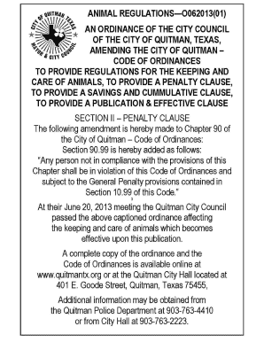 Animal Ordinance in Quitman Texas Form