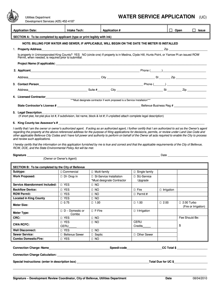  Water Service Application  City of Bellevue 2010-2024