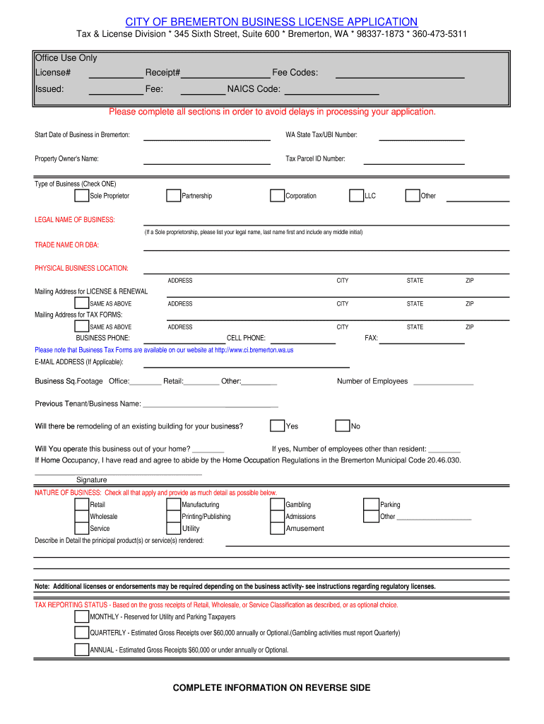 Bremerton Business License  Form