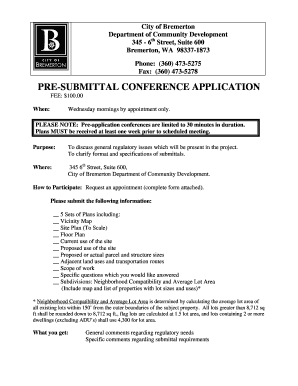 PRE SUBMITTAL CONFERENCE APPLICATION City of Bremerton Ci Bremerton Wa  Form