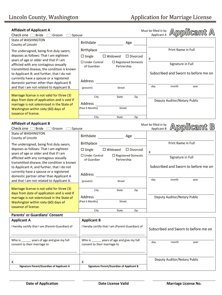Lincoln County, Washington Application for Marriage License  Wei Sos Wa  Form