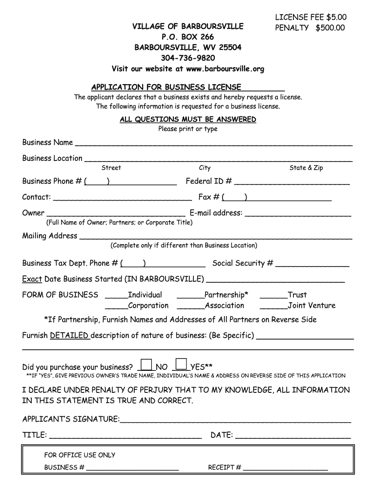 Business License  Barboursville Org  Form