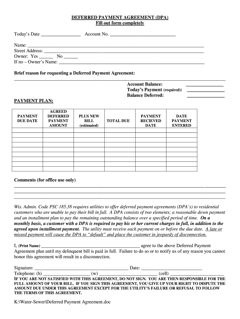 Deferred Payment Agreement Form
