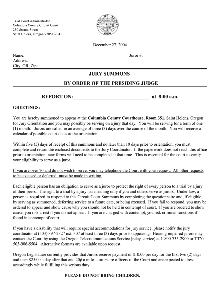 Jury Summons Oregon Judicial Department Courts Oregon  Form