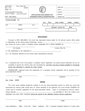 BApplicationb and Order for Hardship Vehicle Registration Courts Ky  Form