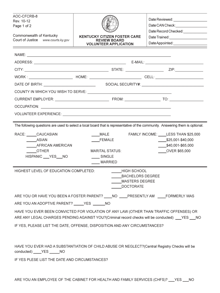 Get and Sign Kentucky Citizen Foster Care Review Board Vounteer Application 2012 Form