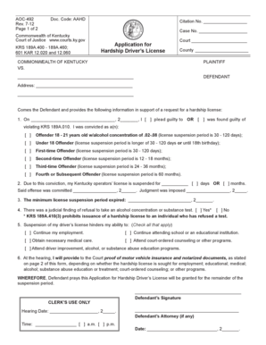  BApplicationb for Hardship Driver39s License Kentucky Court of Justice Courts Ky 2012