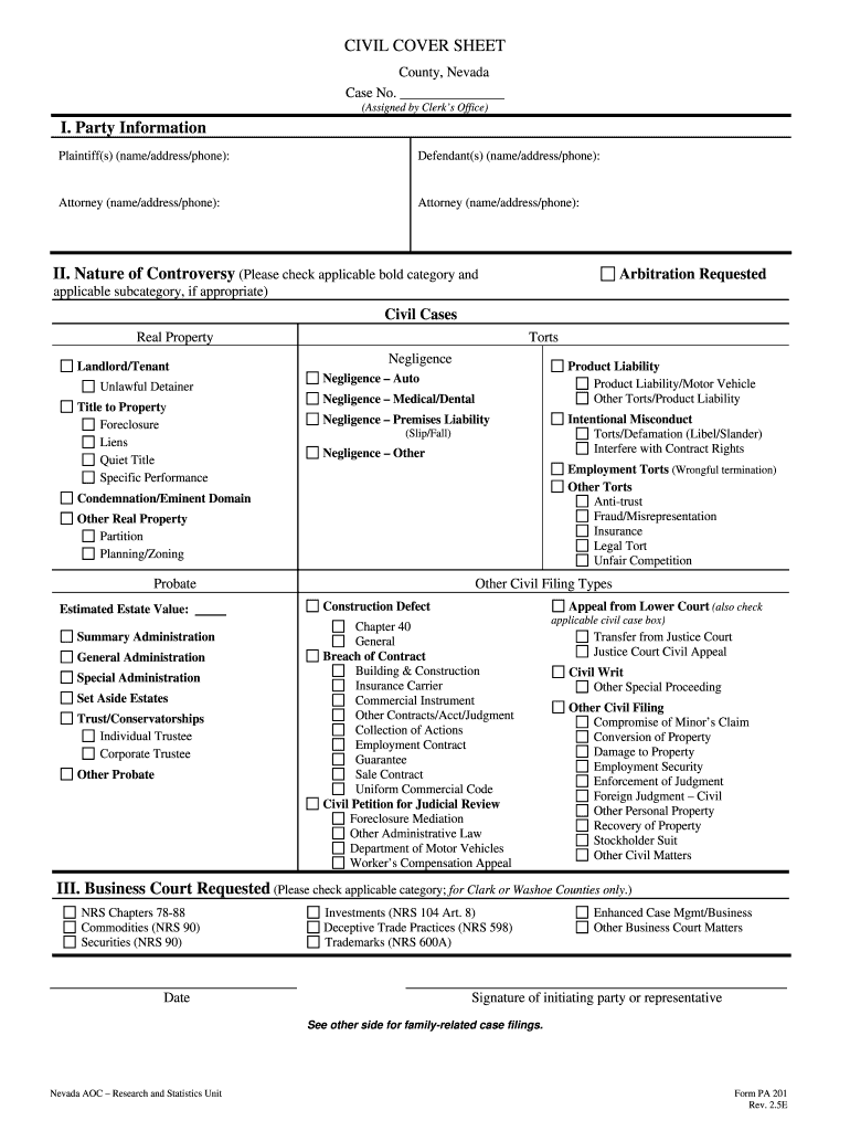 Nevada Cover Sheet  Form