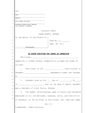 EX PARTE PETITION for ORDER of CREMATION Clarkcountycourts  Form