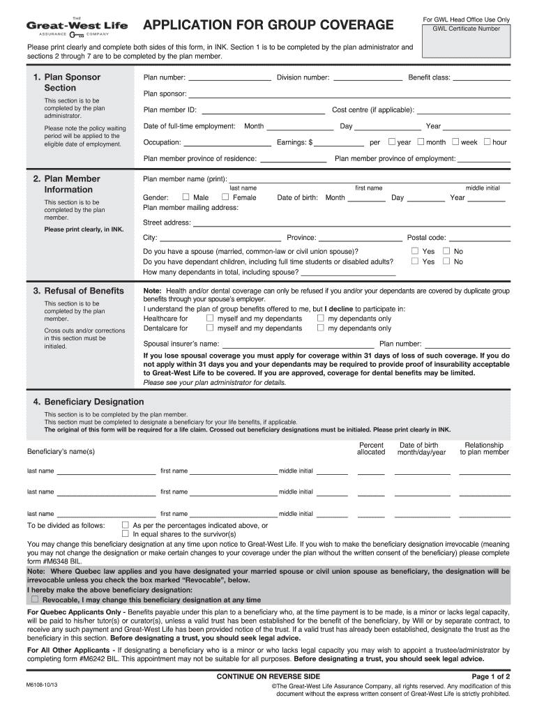 Great West Life Enrolment Form