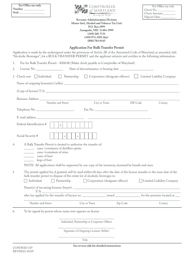  Application for Bulk Transfer Permit the Comptroller of Maryland 2019