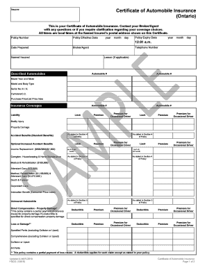 Sample Certificate of Automobile Insurance Ontario Form Number 1269E 1 I