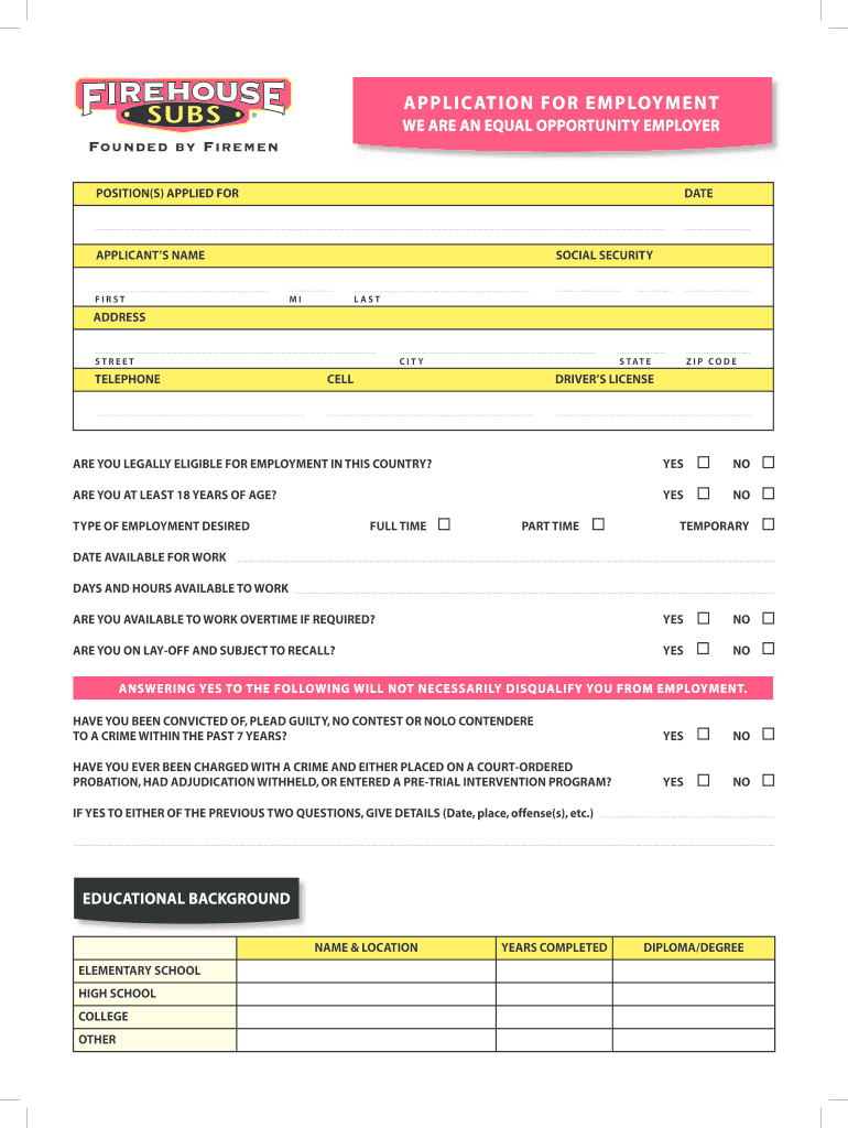 Firehouse Subs Application PDF  Form