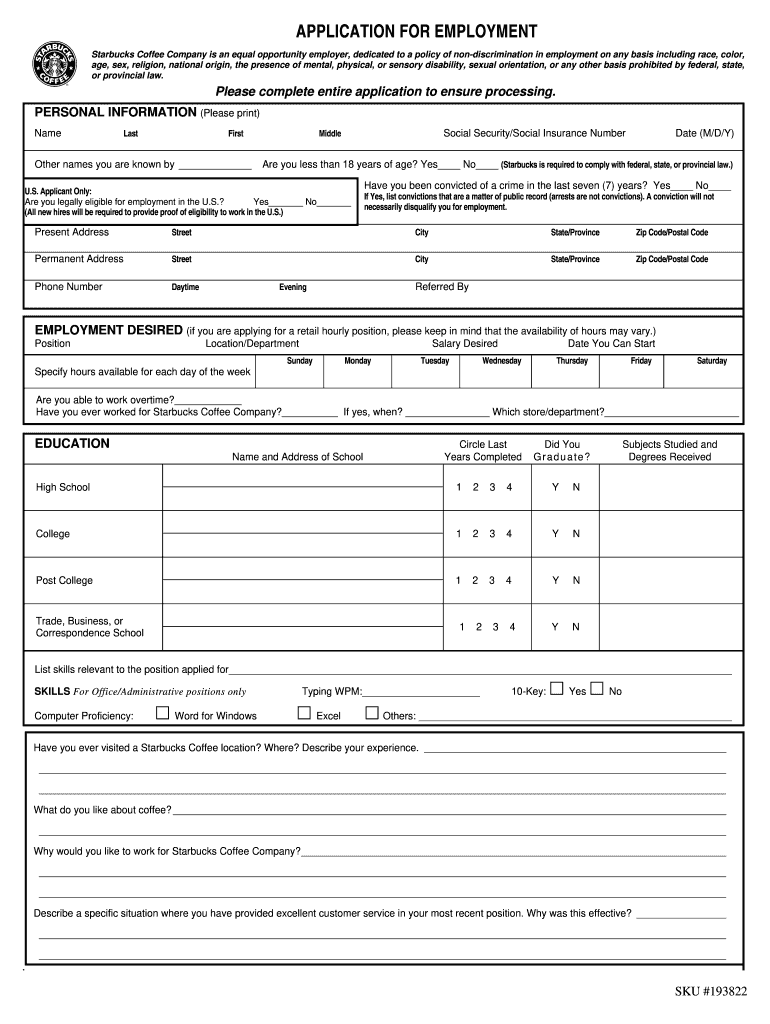 Get and Sign Starbucks Employemnt Application Fillable Form