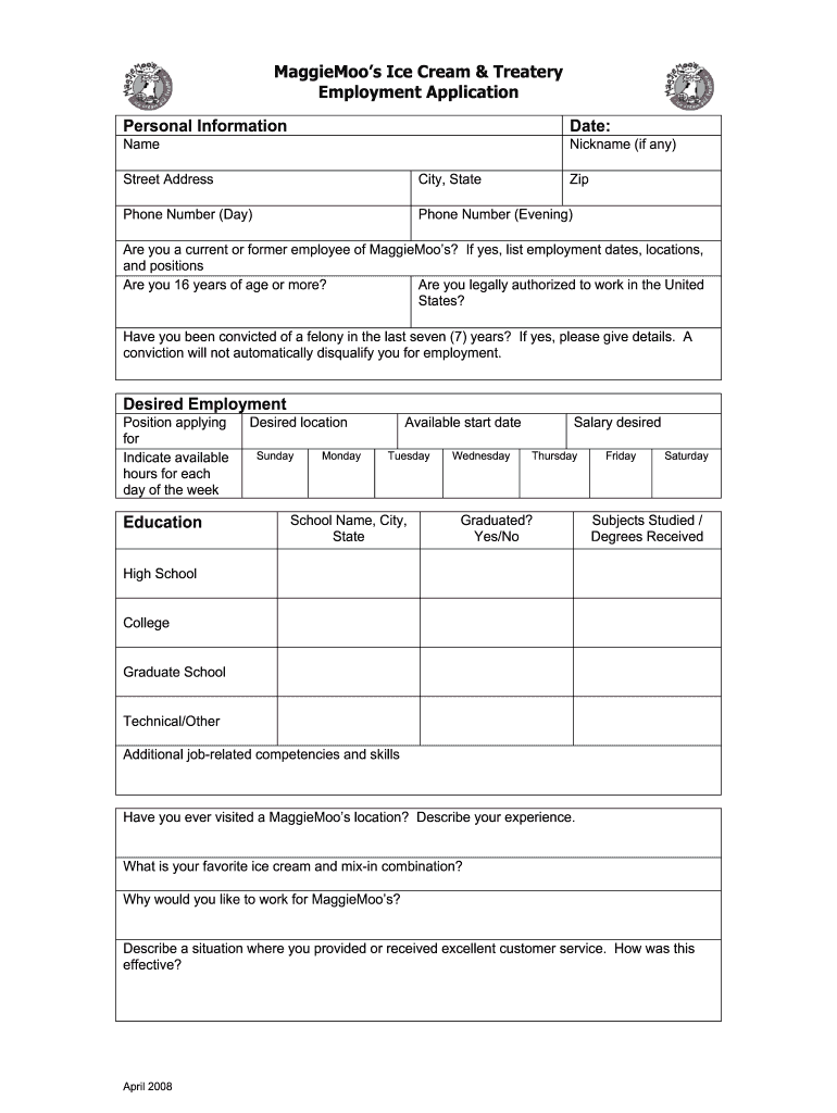 Get and Sign Maggie Moos Application Online 2008-2022 Form